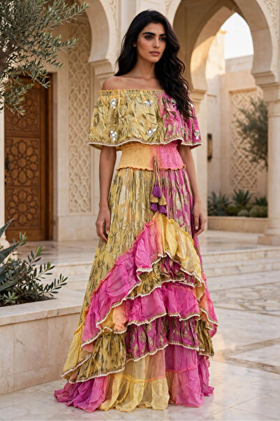 IKKXA Off Shoulder Metallic Tiered Maxi Jalabiya