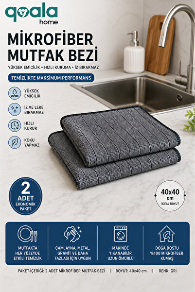 Qoala Home 2 Adet Mikrofiber Temizlik Bezi 40x40 cm Gri Mutfak Bezi ve Temizlik Bezi