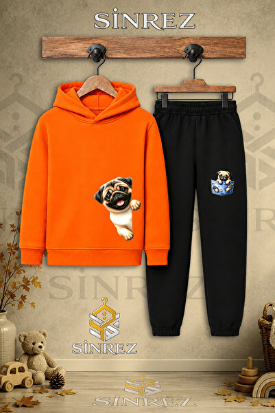 SİNREZ Children's Unisex Single-Piece Pug Half-Side Printed Hooded Tracksuit Set