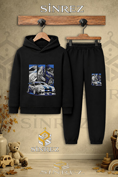 SİNREZ Children's Unisex Single Car Mavigri Square Multi-Printed Hooded Track...
