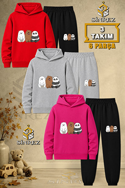 SİNREZ Children's Unisex 3Lu Set Pandas Sitting Side by Side Printed Hooded T...