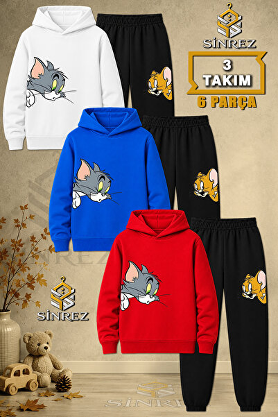 SİNREZ Children's Unisex 3Lu Set Cat Mouse Heads Side Printed Hooded Tracksui...