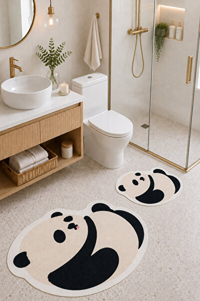 PINKIE HOME Dijital Kaymaz Yıkanabilir İkili Sevimli Panda Banyo Paspası Bany...