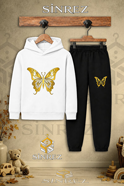 SİNREZ Children's Unisex Single Butterfly Gold Color Printed Hooded Tracksuit...
