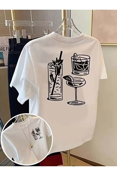 AEMİ Unisex Cocktail Printed Oversize Crew Neck T-Shirt