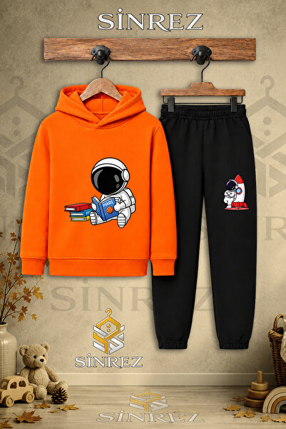 SİNREZ Children's Unisex Single Astronaut Reading Book Printed Hooded Tracksu...
