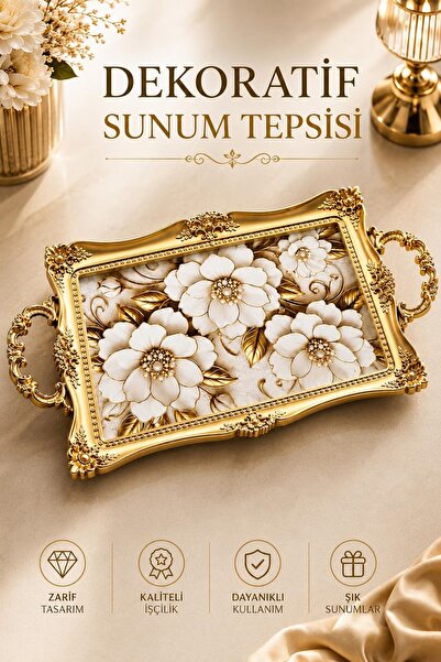 Kitchen Beauty Dekoratif Tepsi - Detaylı Çiçek Desenli Kulplu Sunum Tepsisi -...