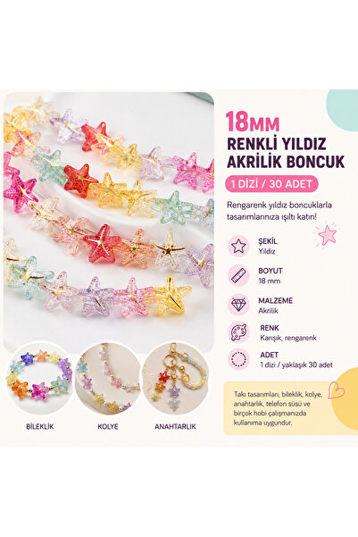 E.B EBRULİ BONCUK 18 mm Renkli Yıldız Akrilik Boncuk (1 Dizi / 30 Adet)