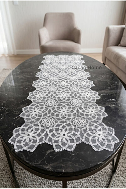 cacao home Fransız Dantelli Örme Tabanlı Tek Runner Masa Örtüsü 35x110 Cm Mas...