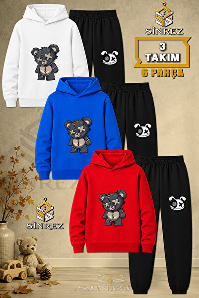 SİNREZ Children's Unisex 3Lu Set Teddy Bear Patched Gray Printed Hooded Track...
