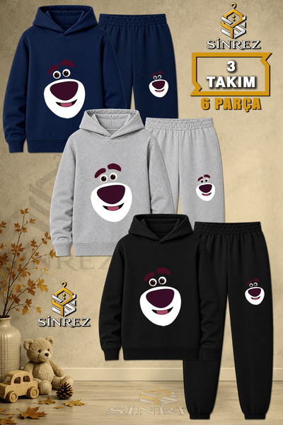 SİNREZ Children's Unisex 3Lu Set Bear Face Smiling Printed Hooded Tracksuit Set