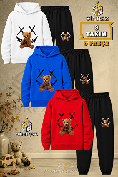 SİNREZ Children's Unisex 3Lu Set Teddy Bear Carpi Ip Black Printed Hooded Tra...