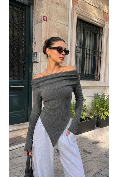 soBasic Soft Knitwear Blouse - Off-The-Shoulder Boat Neck Stretchy Knitwear B...
