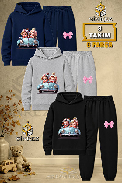 SİNREZ Çocuk Unisex 3LU Set Sevimli Ikili Kiz Arabada Baskılı Kapşonlu Eşofma...