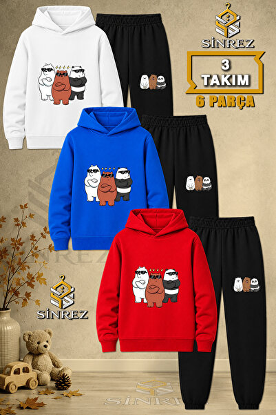 SİNREZ Children's Unisex 3Lu Set Panda Printed Hooded Tracksuit Set with Glasses