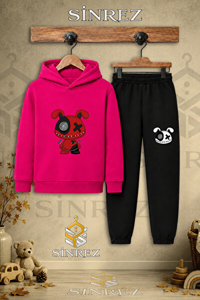 SİNREZ Children's Unisex Single Teddy Bear Patched Red Black Printed Hooded T...