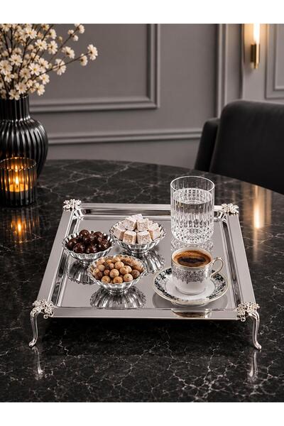 Aslı Hediyelik Zarif Döküm Dört Ayaklı Kare Söz Nişan,Çeyiz,Kahve,Çay Sunum s...