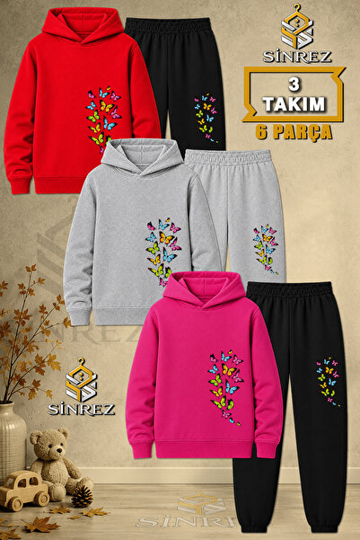 SİNREZ Children's Unisex 3Lu Set Multiple Butterfly Soleni Printed Hooded Tra...