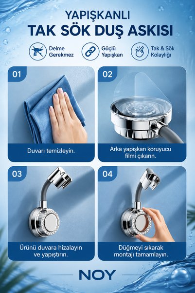 NOY Duş Başlığı Tutucu Yapışkanlı Su Geçirmez Esnek Banyo Duvar Aparatı