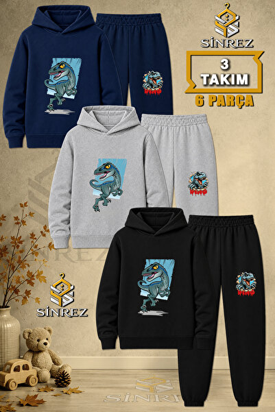 SİNREZ Children's Unisex 3Lu Set Dinosaur Turquoise Canvas Printed Hooded Tra...