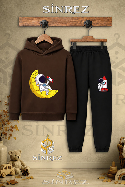 SİNREZ Children's Unisex Single Astronaut Printed Hooded Tracksuit Set with M...