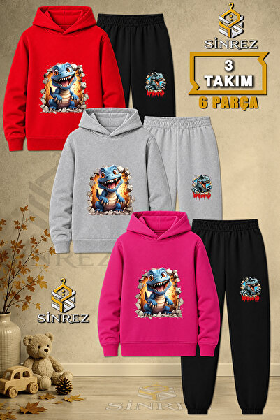 SİNREZ Children's Unisex 3Lu Set Dinosaur Blue Cave Print Hooded Tracksuit Set