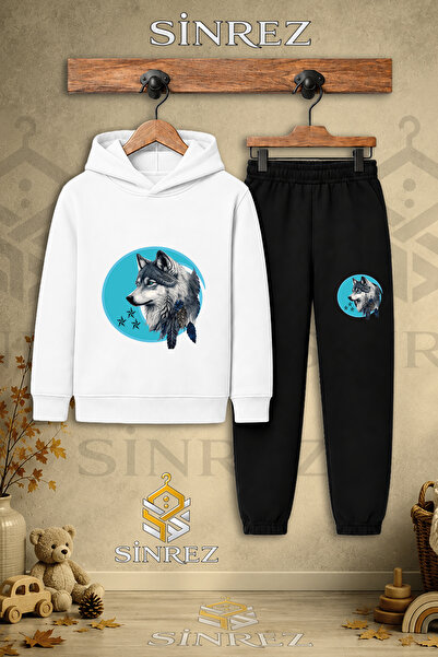 SİNREZ Children's Unisex Single Wolf Gray Turquoise Canvas Printed Hooded Tra...