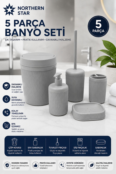 Northern Star 5'li Banyo Seti 5 Lt Çöp Kovası Tuvalet Fırçası Lavabo Takımı S...