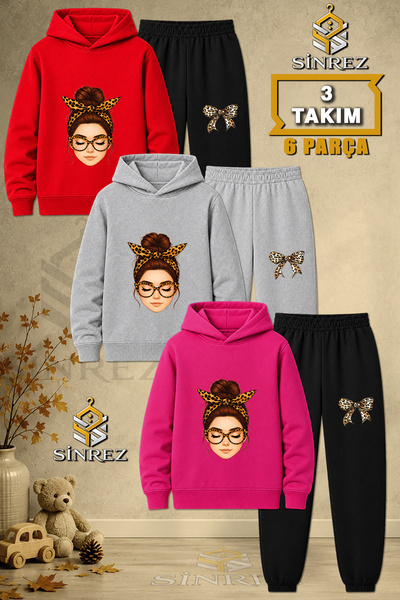 SİNREZ Children's Unisex 3Lu Set Girls' Ribbon Full Face Printed Hooded Track...