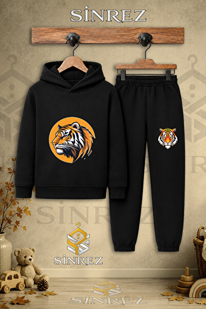 SİNREZ Children's Unisex Single Tiger Head Circle Printed Hooded Tracksuit Set