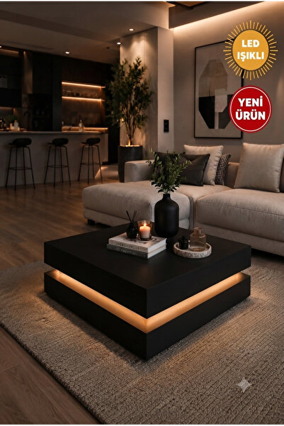 webotto 8 Dammas Led Işıklı Siyah Kare Orta Sehpa İkonik 2 Katlı Orta Sehpa M...