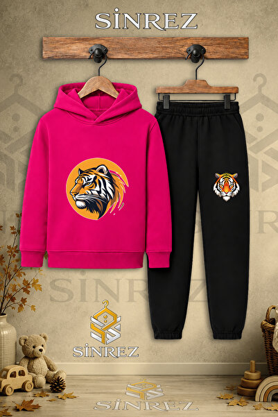 SİNREZ Children's Unisex Single Tiger Head Circle Printed Hooded Tracksuit Set