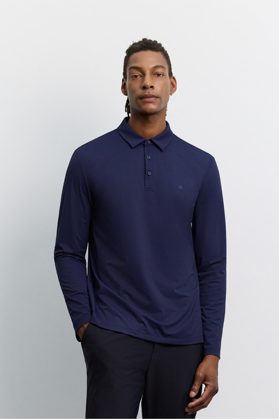 Avva Men's Navy Blue Polo Collar Buttoned Chest Logo Printed Technical T-Shir...