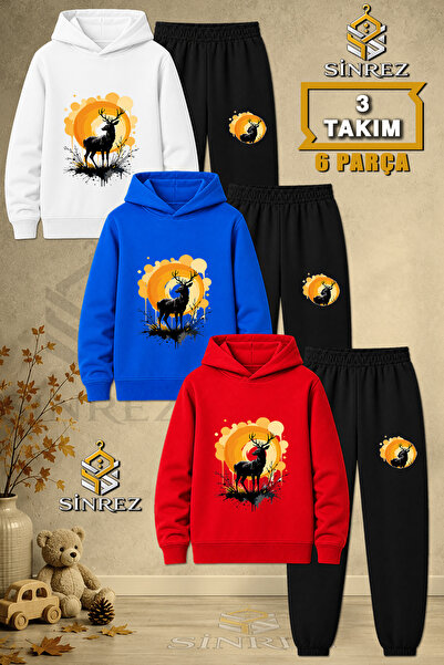 SİNREZ Children's Unisex 3Lu Set Geyik Sari Graft Printed Hooded Tracksuit Set