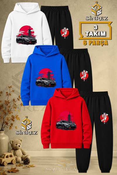 SİNREZ Children's Unisex 3Lu Set Tky Car Black Red Circle Printed Hooded Trac...
