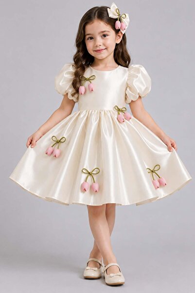 Riccotarz Girl's Watermelon Sleeves and Tulip Ribbon Detailed Skirt, Fluffy P...