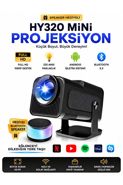Qifit HY320 Mini Projeksiyon Cihazı Full HD 1080P Android Bluetooth 5.3 220 A...