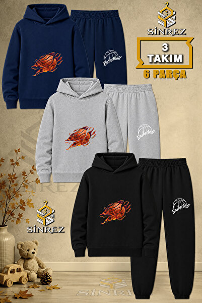 SİNREZ Children's Unisex 3Lu Set with Flame Basketball Printed Hooded Tracksu...