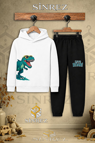 SİNREZ Children's Unisex Single Dinosaur Green Side Printed Hooded Tracksuit ...
