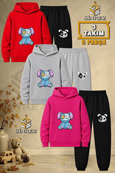 SİNREZ Children's Unisex 3Lu Set Teddy Bear Patched Purple Blue Printed Hoode...