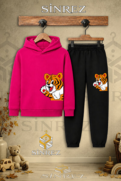 SİNREZ Children's Unisex Single-Sided Cute Tiger Printed Hooded Tracksuit Set