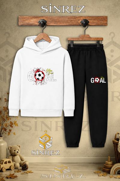 SİNREZ Children's Unisex Single Goal Top Stained Text Printed Hooded Tracksui...