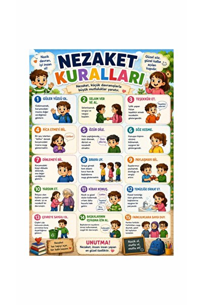 Gokco Okul Sınıf Afişi Nezaket Kuralları Afiş 50x70cm Ebat Vinil Branda Baskı