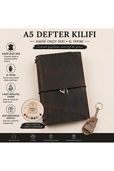Aura Series – Hakiki Crazy Deri El Yapımı A5 Defter Kabı Kılıfı – İçe Katlanan Model - Doğaltaş Charm ve Deri Anahtarlık Hediyeli