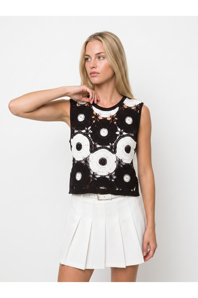 DM DİLAN MODA Women's Crochet Black Standard Size Sleeveless Blouse
