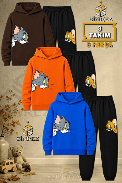 SİNREZ Children's Unisex 3Lu Set Cat Mouse Heads Side Printed Hooded Tracksui...