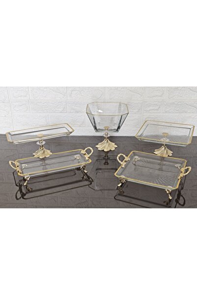 atabey home 5 Parça Gold Semerkand Ayaklı ve Kulplu Sunumluk & Çeyiz Set |Pas...