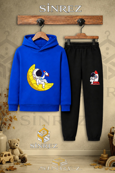 SİNREZ Children's Unisex Single Astronaut Printed Hooded Tracksuit Set with M...