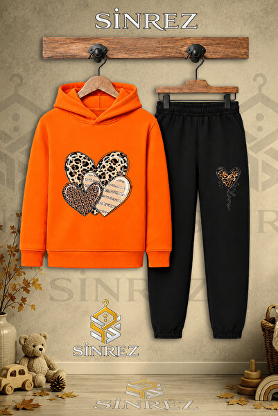 SİNREZ Children's Unisex Single Heart Multi Leopard Pattern Printed Hooded Tr...