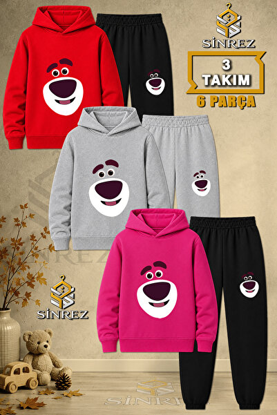 SİNREZ Children's Unisex 3Lu Set Bear Face Smiling Printed Hooded Tracksuit Set